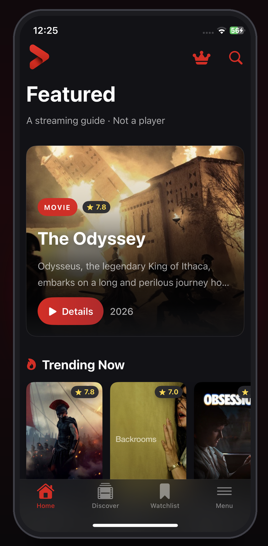 Streamflex app on iPhone — Featured titles, trending movies, and streaming guide home screen